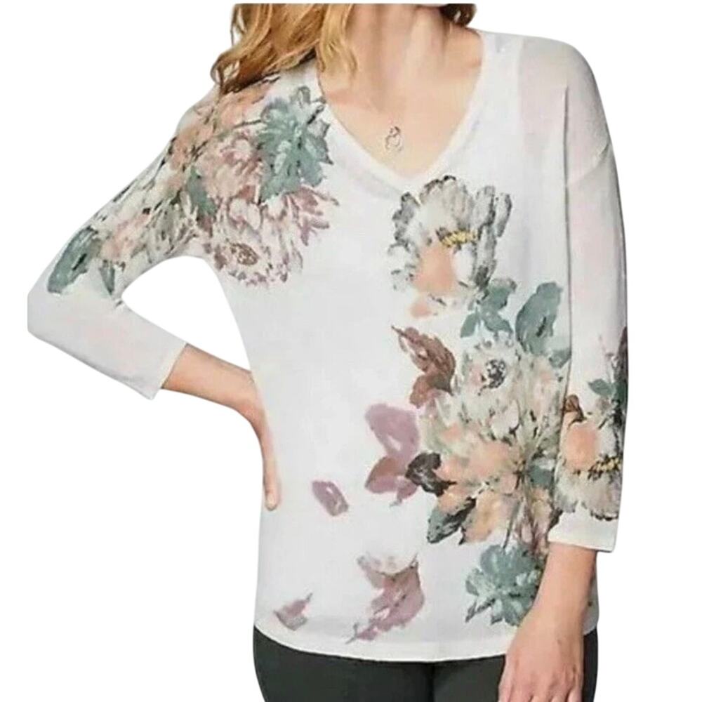 J.Jill Womens Floral V-Neck Dolman Sweater M Tall Cream Linen Blend Hi-Lo